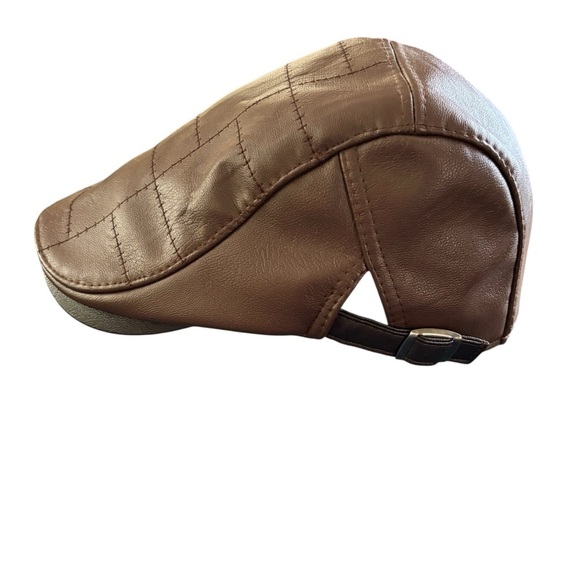 Cabbie Newsboy Faux Leather Vegan Patchwork Hat OS  Dk Brown Black Adjustable - Picture 2 of 7